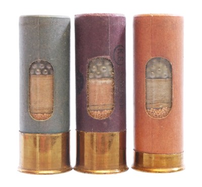 Lot Three inert 12 bore window cartridges, made up...