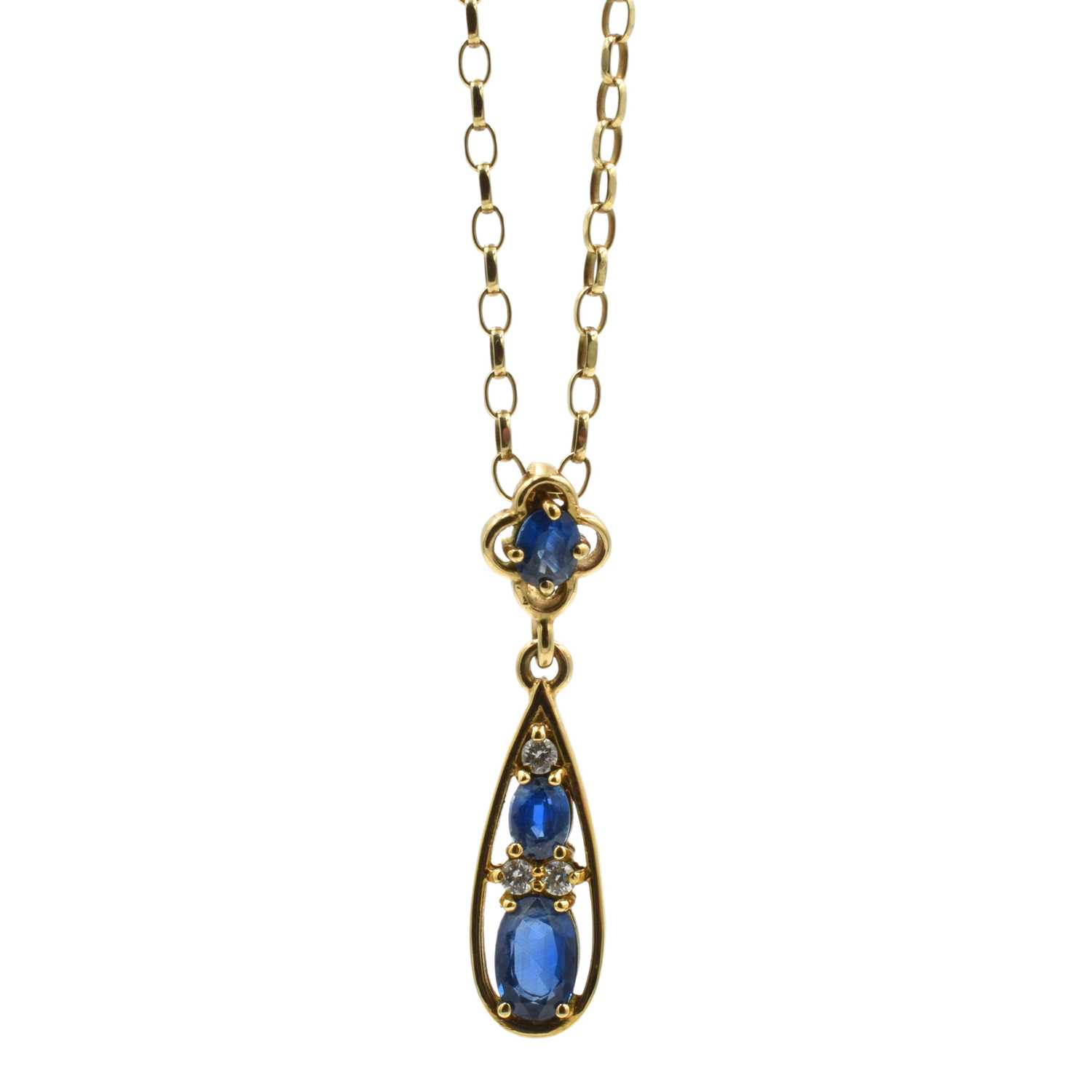Lot A synthetic sapphire and diamond drop pendant set in 9ct gold