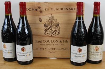 Lot 47 - 4 bottles including a 3 bottle wooden Presentation Case Chateauneuf du Pape Domaine de Beaurenard