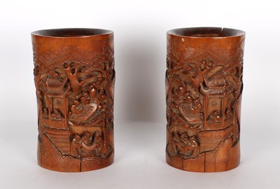 Lot 55A - A Pair of Chinese Carved Bamboo Brush Pots or Bitong