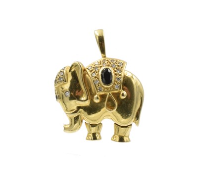 Lot An 18ct yellow gold, diamond and sapphire Indian elephant pendant