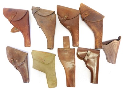 Lot 432 - Eight leather and one canvas revolver holsters.