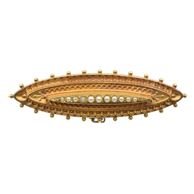 Lot 188 - A Victorian 15ct gold and pearl navette-shaped brooch