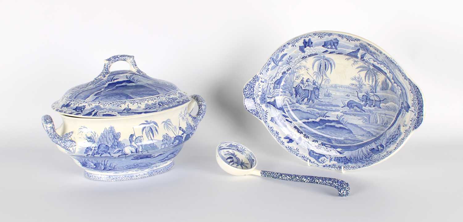 Lot A Large "Hunting a Buffalo" Soup Tureen, Ladle and Stand by Spode