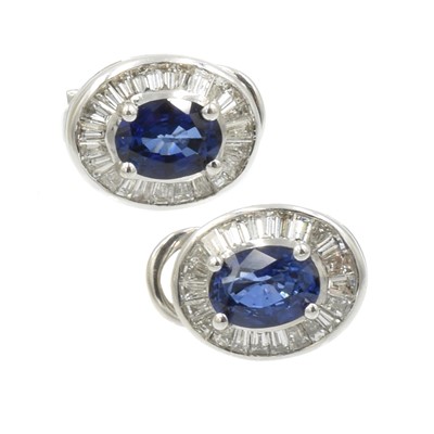 Lot 165 - Sapphire and diamond baguette cluster earrings set in 18ct gold
