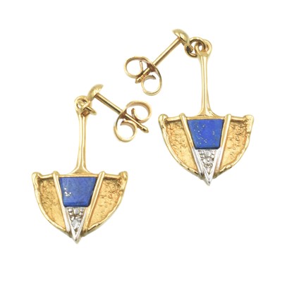 Lot 48 - Lapis Lazuli and diamond drop earrings, set in 9ct gold