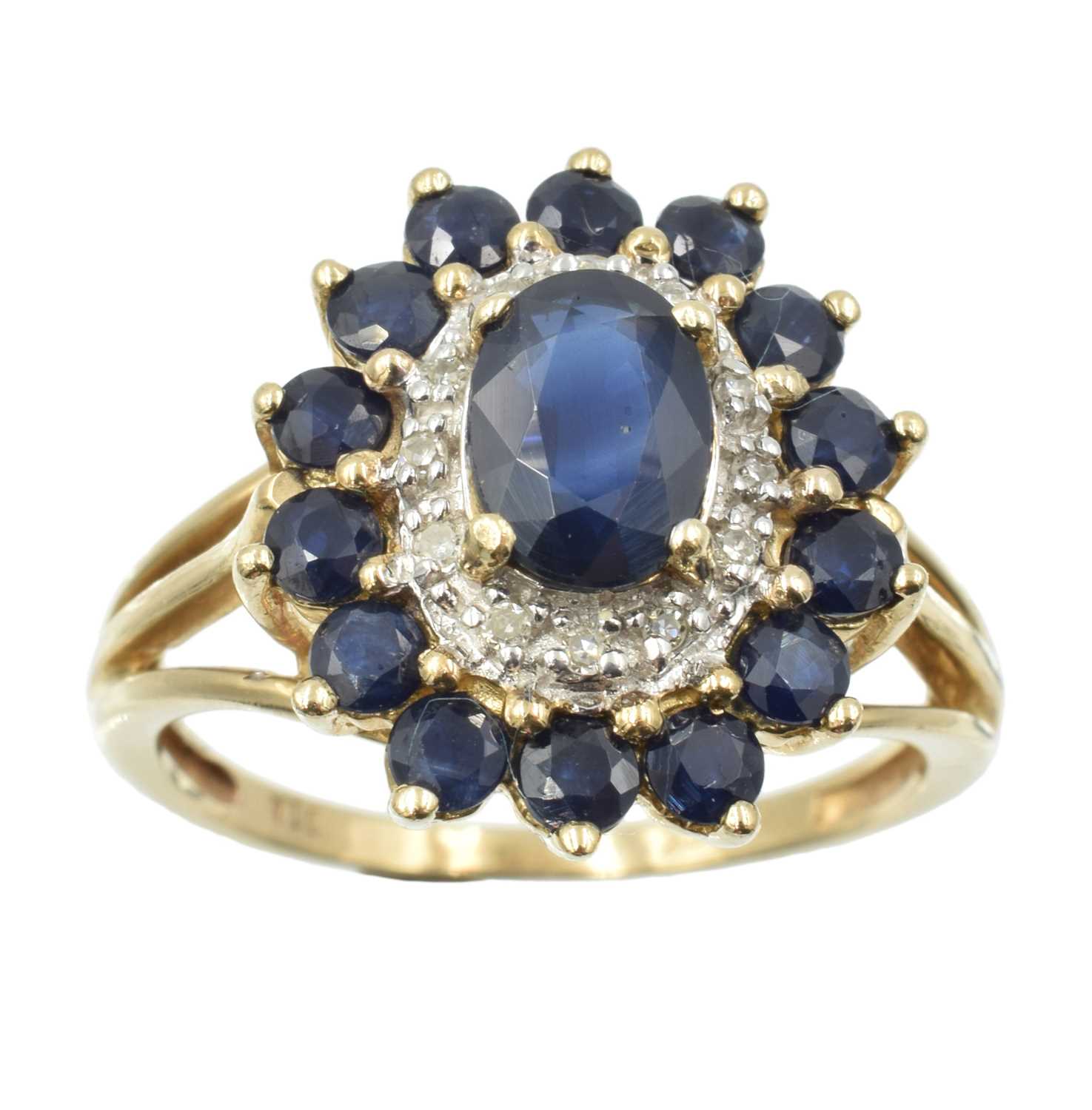 Lot A 9ct gold sapphire and diamond cluster ring