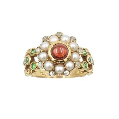 Lot 99 - A Victorian garnet and pearl cluster ring, set in 15ct gold