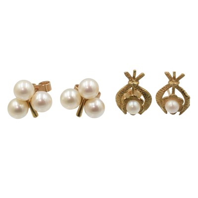 Lot 23 - A set of 3-pearl earrings and single pearl studs set in 9ct gold