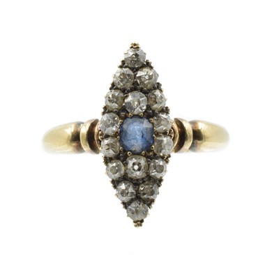 Lot 167 - A Victorian sapphire and diamond navette ring, set in 18ct yellow gold