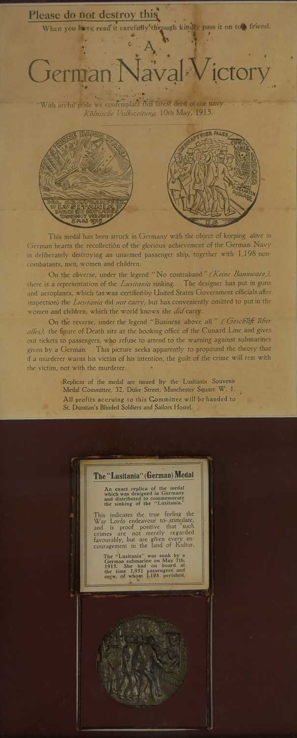 Lot Framed Lusitania medal, a British copy of the...