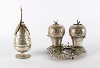 Lot 7 - A Mid-20th Century East Asian White Metal Table Top Condiment Set