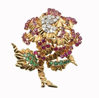 Lot A vintage 18ct gold, diamond, ruby and emerald foliate brooch and earring set