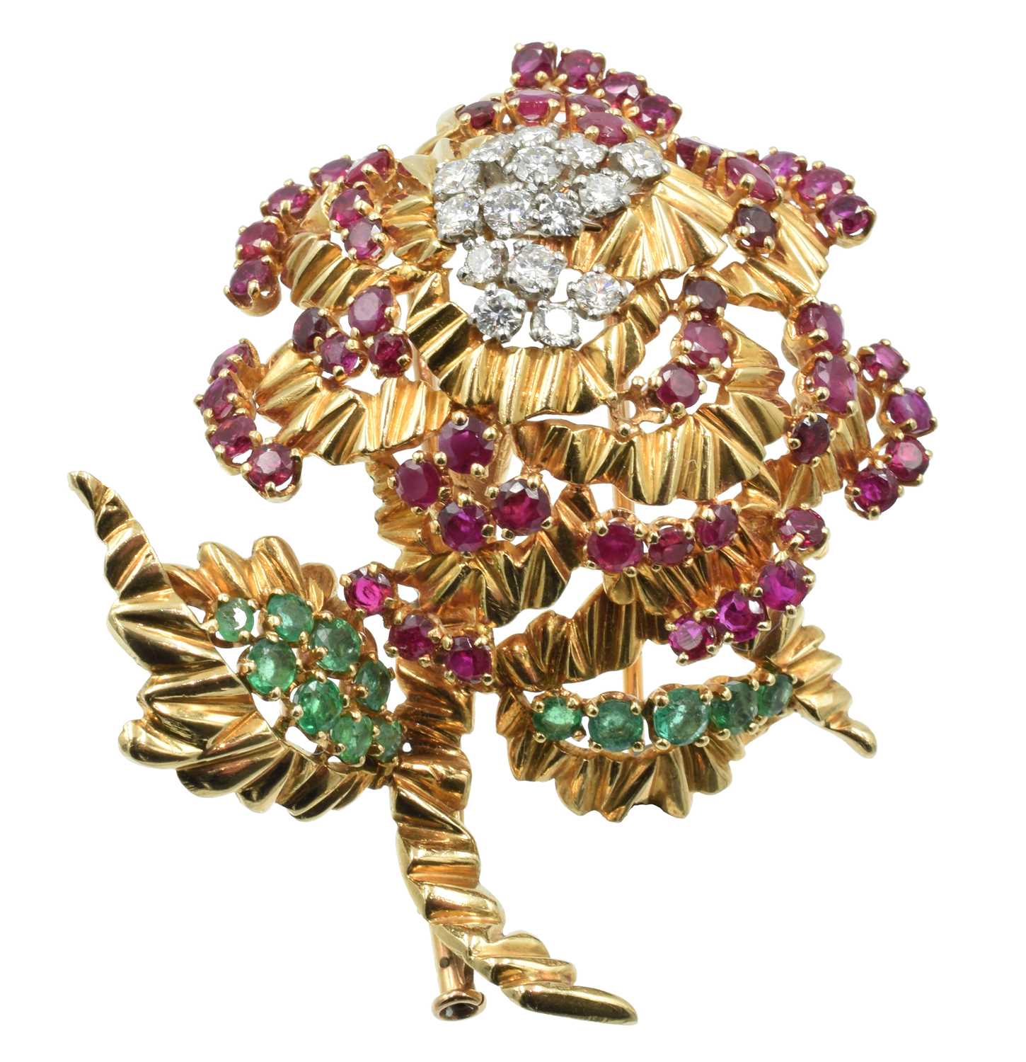 Lot 146 - A vintage 18ct gold, diamond, ruby and emerald foliate brooch and earring set