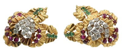 Lot 146 - A vintage 18ct gold, diamond, ruby and emerald foliate brooch and earring set