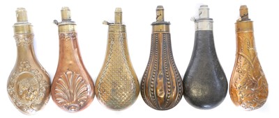Lot Six copper and brass powder flasks, three by...