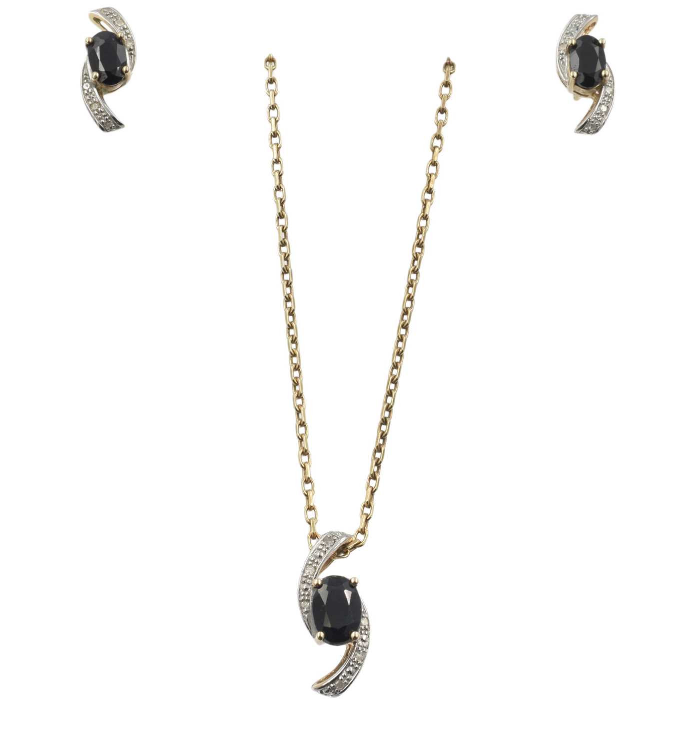 Lot A sapphire and diamond "swirl" pendant and earring set, set in 9ct gold