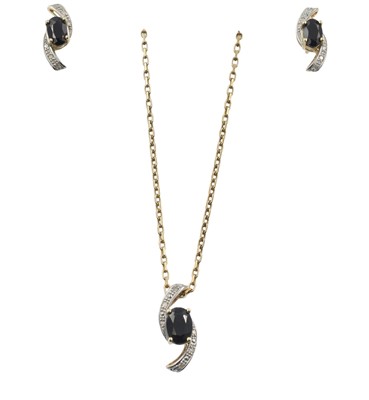 Lot A sapphire and diamond "swirl" pendant and earring set, set in 9ct gold