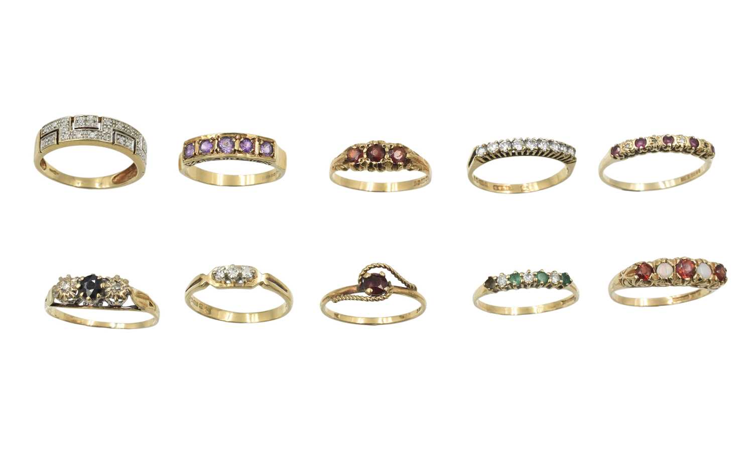 Lot An assortment of 10 gem-set 9ct gold rings