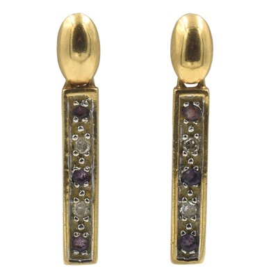 Lot Diamond and amethyst rectangular drop earrings, set in 9ct gold