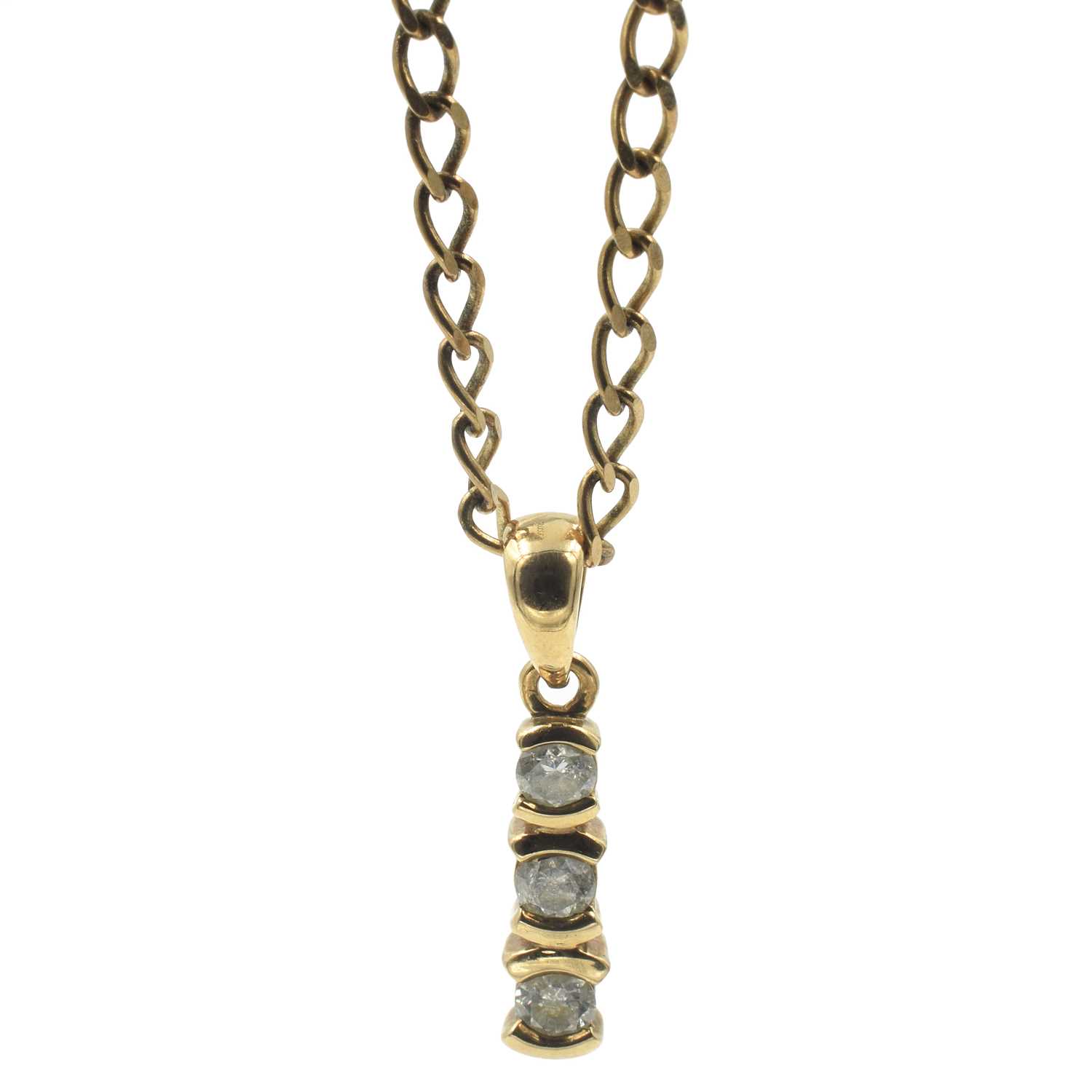 Lot A 3-stone diamond drop pendant, set in 9ct gold