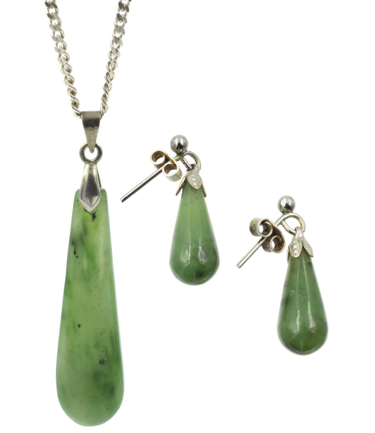 Lot A jade Drop Silver Pendant and Earring Set