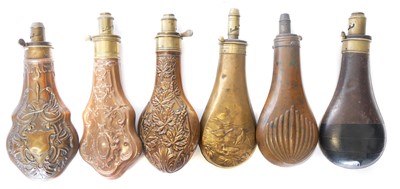 Lot Six copper and brass powder flasks, four by...