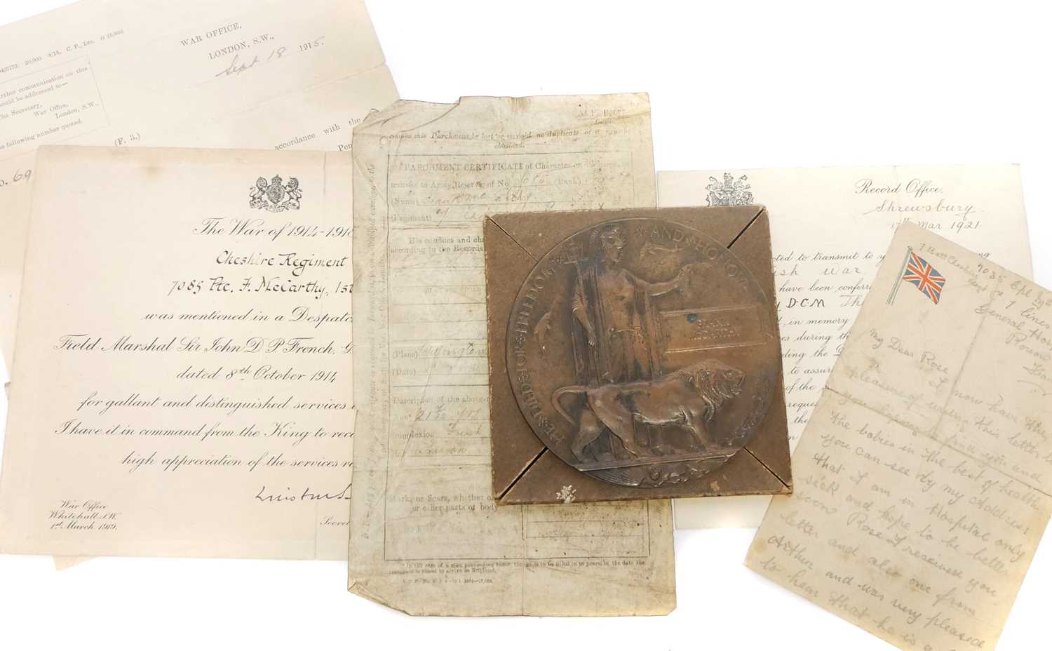 Lot WWI Memorial Plaque Awarded to 7085 Pte. Frank...