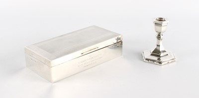 Lot 3 - An Elizabeth II Silver Mounted Cigarette Box and a Single Silver Candlestick