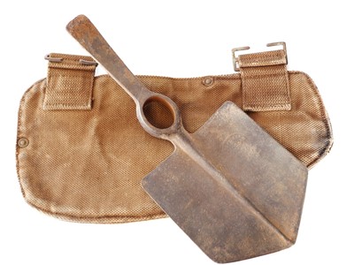 Lot British WWI entrenching tool head and webbing...