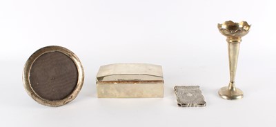 Lot A Silver Cigarette Box, Card Case, Photograph Frame, and Vase