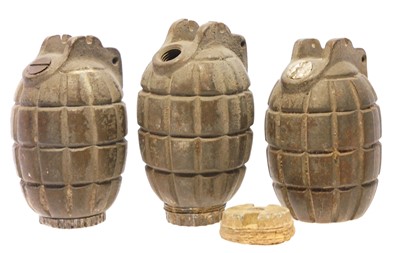 Lot Three inert Mills Bombs, one with striker...