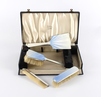 Lot 75 - A George VI Art Deco Silver and Guilloche Enamel Dressing Set
