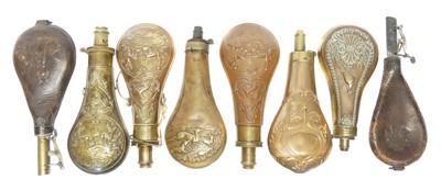 Lot 130 - Six brass and copper powder flasks, one...