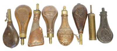 Lot 131 - Six brass and copper powder flasks, also two...