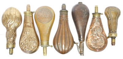 Lot 132 - Six brass and copper powder flasks, one...