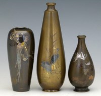 Lot 281 - Three Japanese inlaid bronze vases.