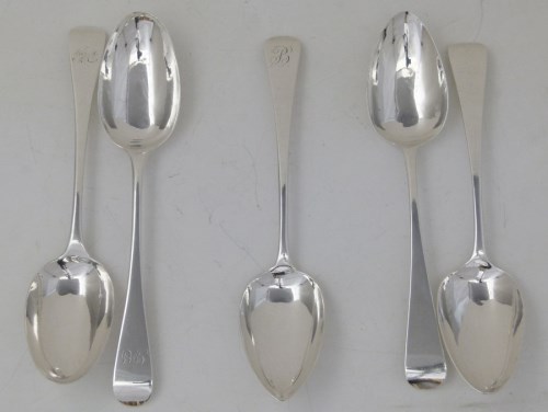 Lot 313 - Five silver serving spoons.