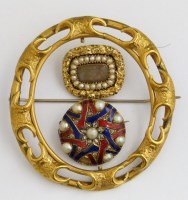 Lot 365 - Diamond; pearl and enamel brooch and two others.