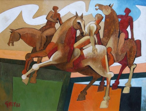 Lot 418 - Geoffrey Key, Three Horses and Riders, oil.