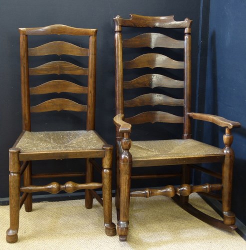 Lot 651 - Ladder-back rocking chair and dining chair.