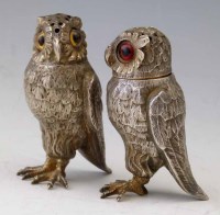 Lot 222 - Pair of French silver owl pepper shakers.