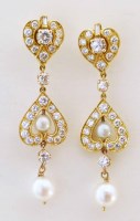 Lot 286 - Pair of diamond and pearl pendent earrings shaped