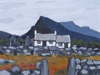 Lot 346 - David Barnes, Welsh cottage with mountains beyond, oil.
