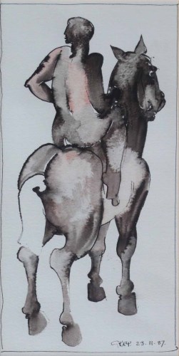 358 - Geoffrey Key, Horse and Rider II, ink and wash.