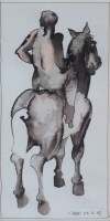 Lot 358 - Geoffrey Key, Horse and Rider II, ink and wash.