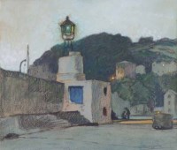 Lot 359 - J.E. Duggins, The Harbour Light, Brixham, crayon and wash.