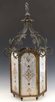 Lot 427 - Victorian metal ware hanging lamp with coloured