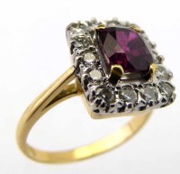 Lot 248 - Dark ruby and diamond square cluster ring