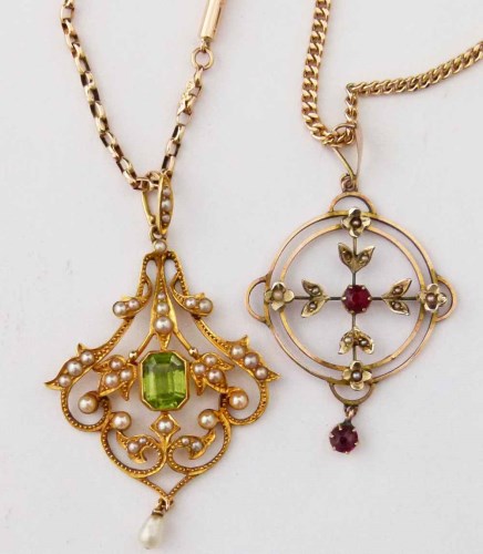 Lot 269 - Seed pearl and peridot pendant on chain and garnet and pearl pendant.
